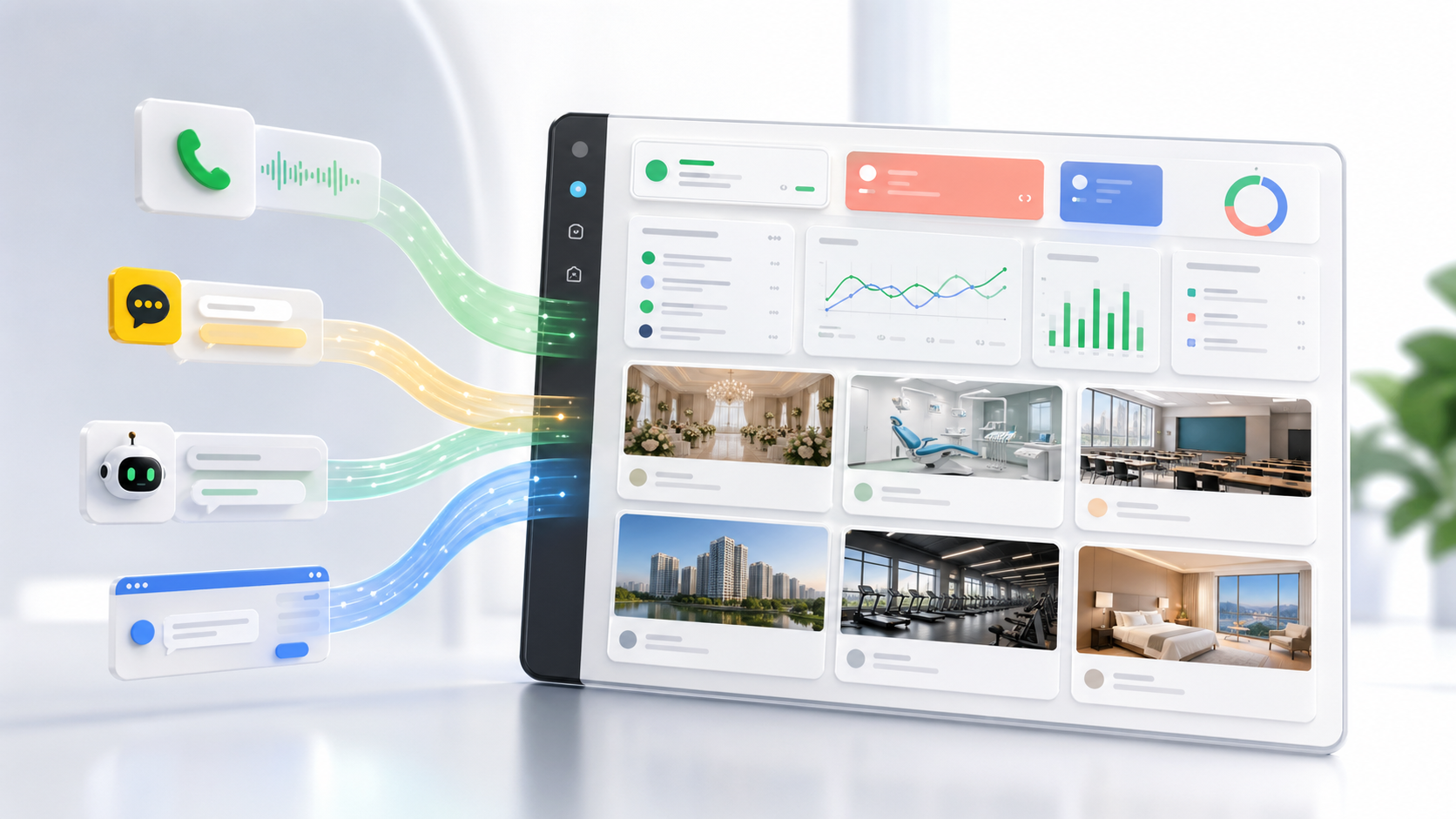 여러 상담 채널과 산업 데이터가 AI CRM 대시보드로 통합되는 화면
